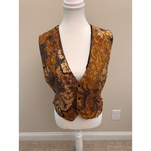 None and/or Unknown Jackets & Blazers - Vintage Batik Beaded Vest | Brown & Multicolor | Handmade Detailing | Size S